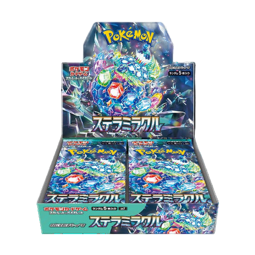 Pokémon trading card game booster pack display with colorful designs and text.